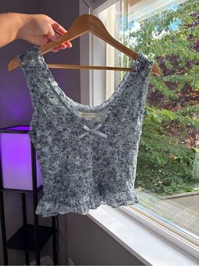Blue Floral Crop Top with Bow Detail